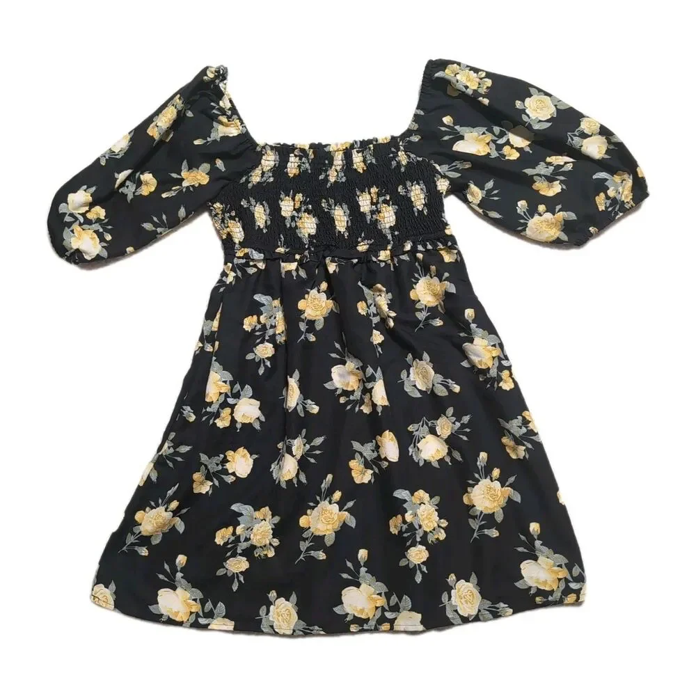 Indulge Black Yellow Floral Baby Doll Blouse Top Dress Size XL Square Neckline